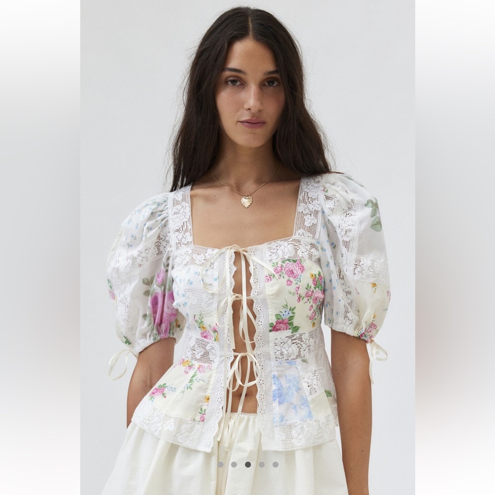 For Love & Lemons - Patchwork Violette Top Floral Lace-Up Puff Sleeve - Picture 3 of 8